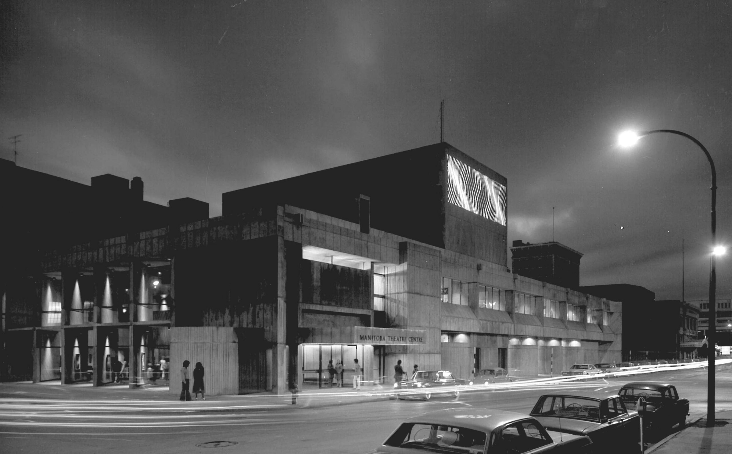 Black and white image of the exterior of RMTC